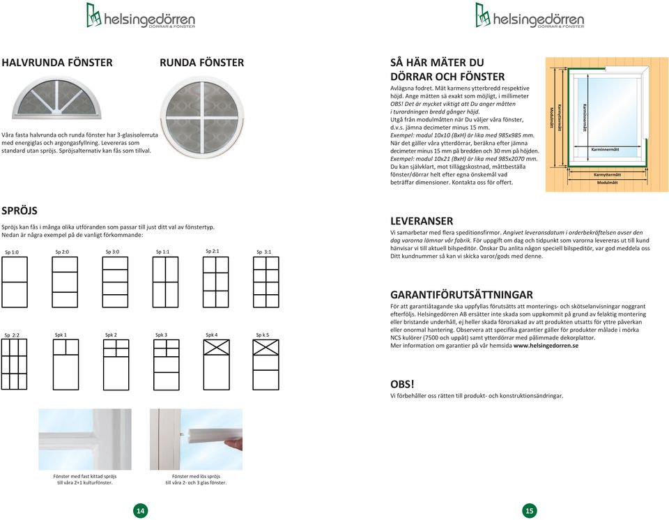Nedan är några exempel på de vanligt förkommande: Sp 1:0 Sp 2:0 Sp 3:0 Sp 1:1 Sp 2:1 Sp 3:1 SÅ HÄR MÄTER DU DÖRRAR OCH FÖNSTER Avlagsna fodret. Mat karmens ytterbredd respektive hojd.