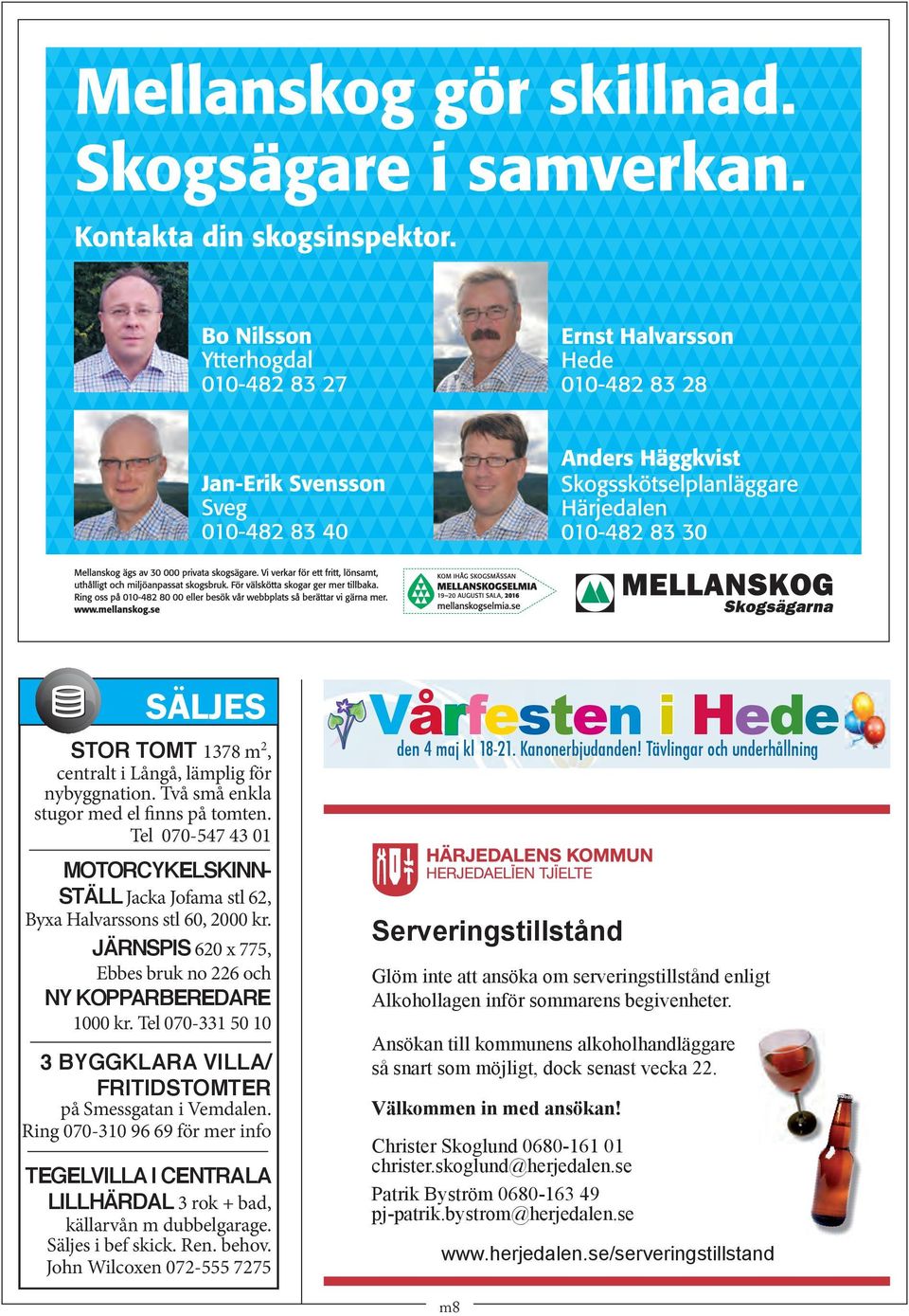 Tel 070-331 50 10 3 BYGGKLARA VILLA/ FRITIDSTOMTER på Smessgatan i Vemdalen. Ring 070-310 96 69 för mer info TEGELVILLA I CENTRALA LILLHÄRDAL 3 rok + bad, källarvån m dubbelgarage. Säljes i bef skick.