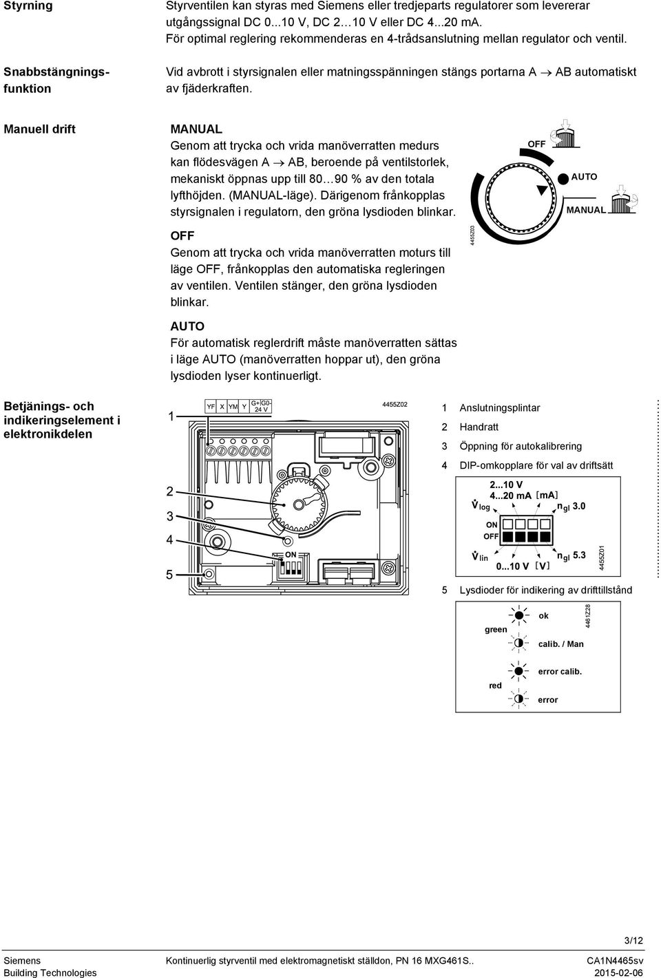 Manuell drift MANUAL Genom att trycka och vrida manöverratten medurs kan flödesvägen A AB, beroende på ventilstorlek, mekaniskt öppnas upp till 80 90 % av den totala lyfthöjden. (MANUAL-läge).