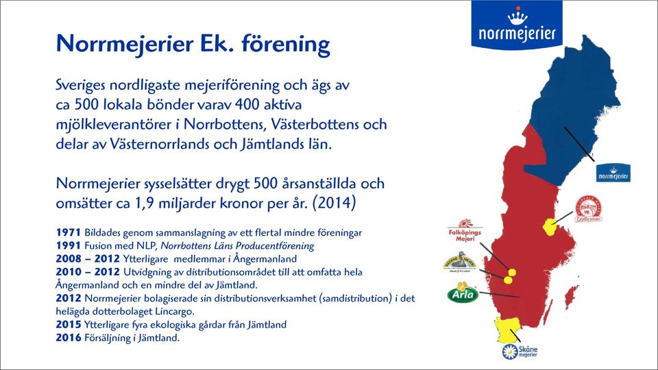 Norrmejerier sysselsätter drygt 500 årsanställda och omsätter ca 1,9 miljarder kronor per år.