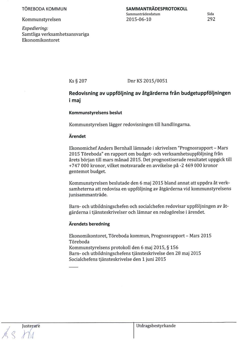 Ärendet Ekonomichef Anders Bernhall lämnade i skrivelsen "Prognosrapport - Mars 2015 Töreboda" en rapport om budget- och verksamhetsuppfö5ning från årets början till mars månad 2015.
