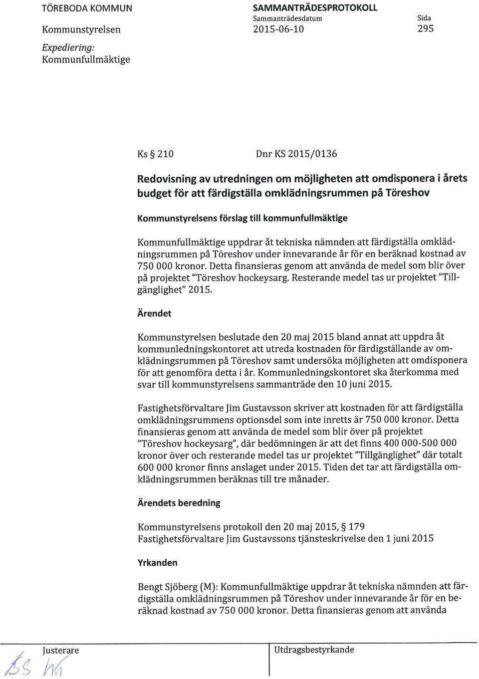 Detta finansieras genom att använda de medel som blir över på projektet "Töreshov hockeysarg. Resterande medel tas ur projektet "Tillgänglighet" 2015.