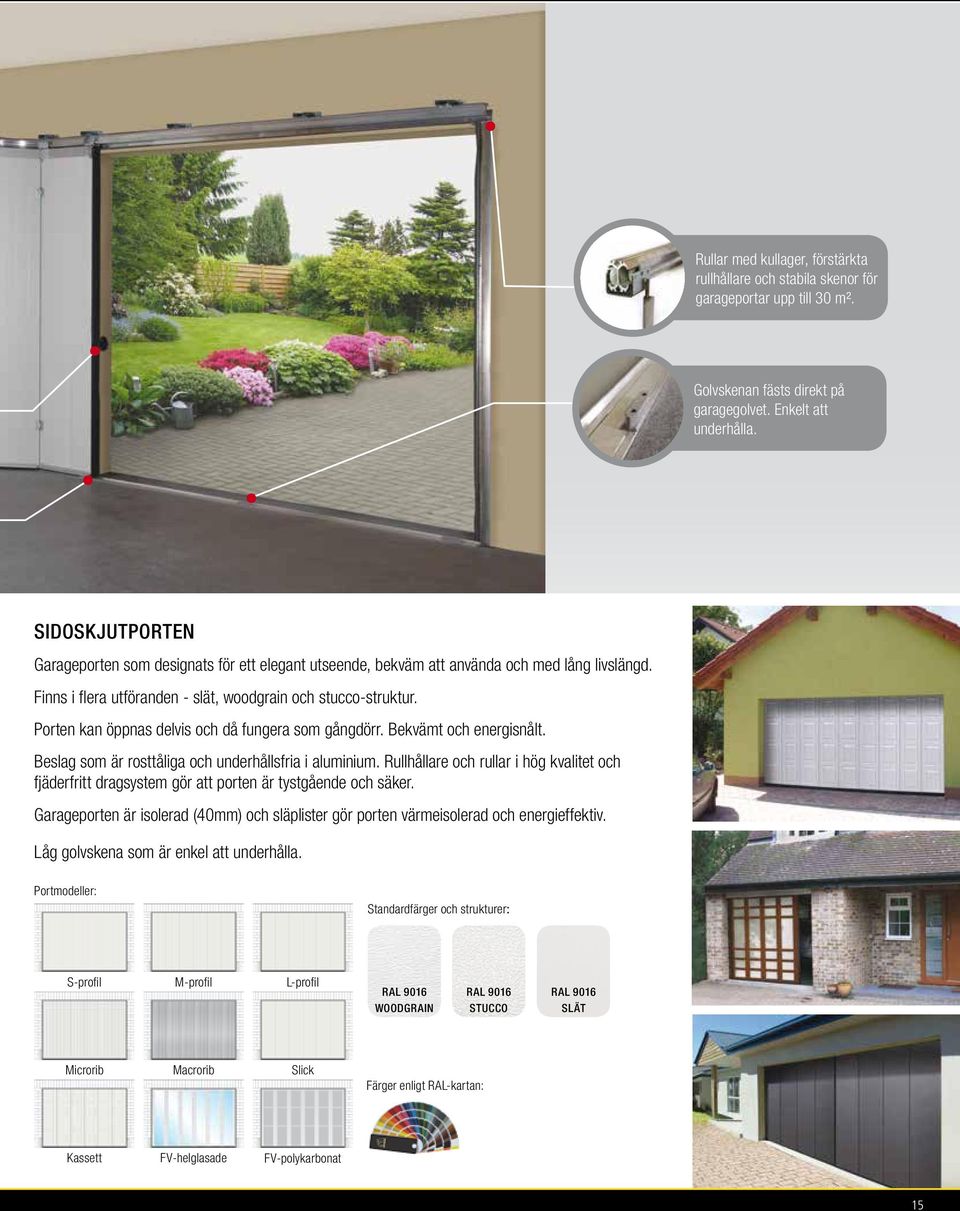 Porten kan öppnas delvis och då fungera som gångdörr. Bekvämt och energisnålt. Beslag som är rosttåliga och underhållsfria i aluminium.