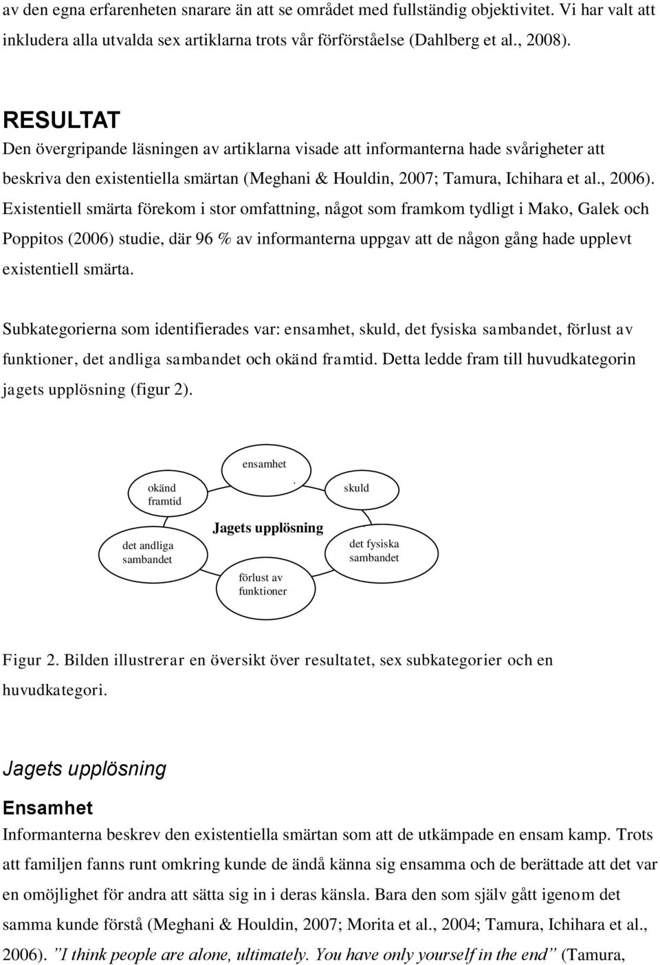 Existentiell smärta förekom i stor omfattning, något som framkom tydligt i Mako, Galek och Poppitos (2006) studie, där 96 % av informanterna uppgav att de någon gång hade upplevt existentiell smärta.