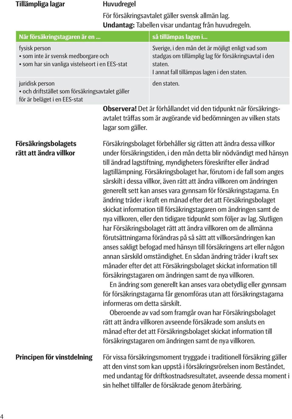 Undantag: Tabellen visar undantag från huvudregeln. så tillämpas lagen i... Sverige, i den mån det är möjligt enligt vad som stadgas om tillämplig lag för försäkringsavtal i den staten.