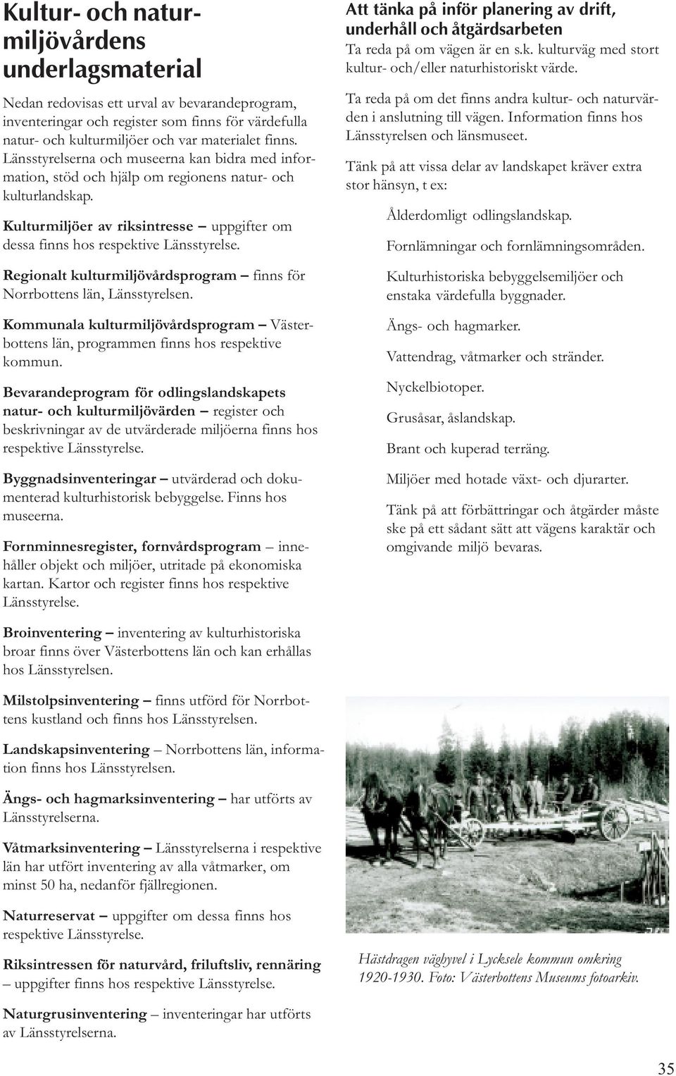 Regionalt kulturmiljövårdsprogram finns för Norrbottens län, Länsstyrelsen. Kommunala kulturmiljövårdsprogram Västerbottens län, programmen finns hos respektive kommun.