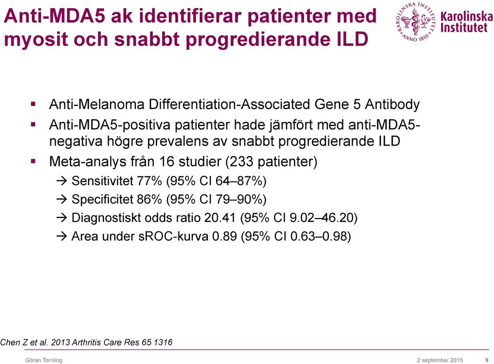 studier (233 patienter) à Sensitivitet 77% (95% CI 64 87%) à Specificitet 86% (95% CI 79 90%) à Diagnostiskt odds ratio 20.