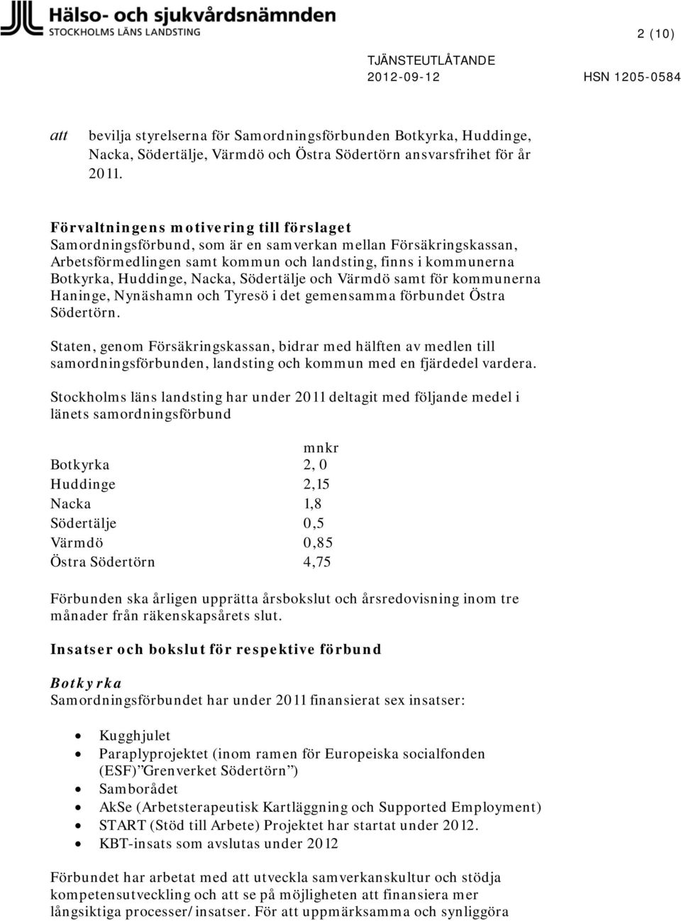 Södertälje och Värmdö samt för kommunerna Haninge, Nynäshamn och Tyresö i det gemensamma förbundet Östra Södertörn.