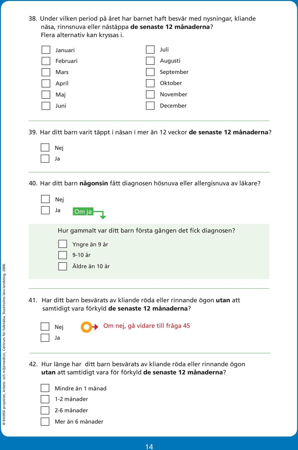 Har ditt barn någonsin fått diagnosen hösnuva eller allergisnuva av läkare? Hur gammalt var ditt barn första gången det fick diagnosen? Yngre än 9 år 9-10 år Äldre än 10 år 41.