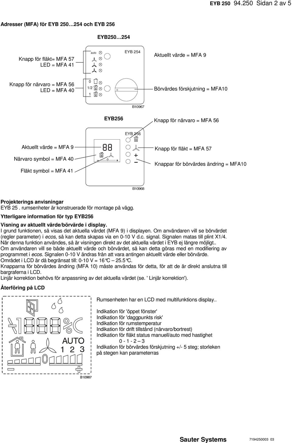 MFA B967 EYB256 Knapp för närvaro = MFA 56 EYB 256 Aktuellt värde = MFA 9 Närvaro symbol = MFA 4 Fläkt symbol = MFA 4 Knapp för fläkt = MFA 57 Knappar för börvärdes ändring = MFA B968 Projekterings