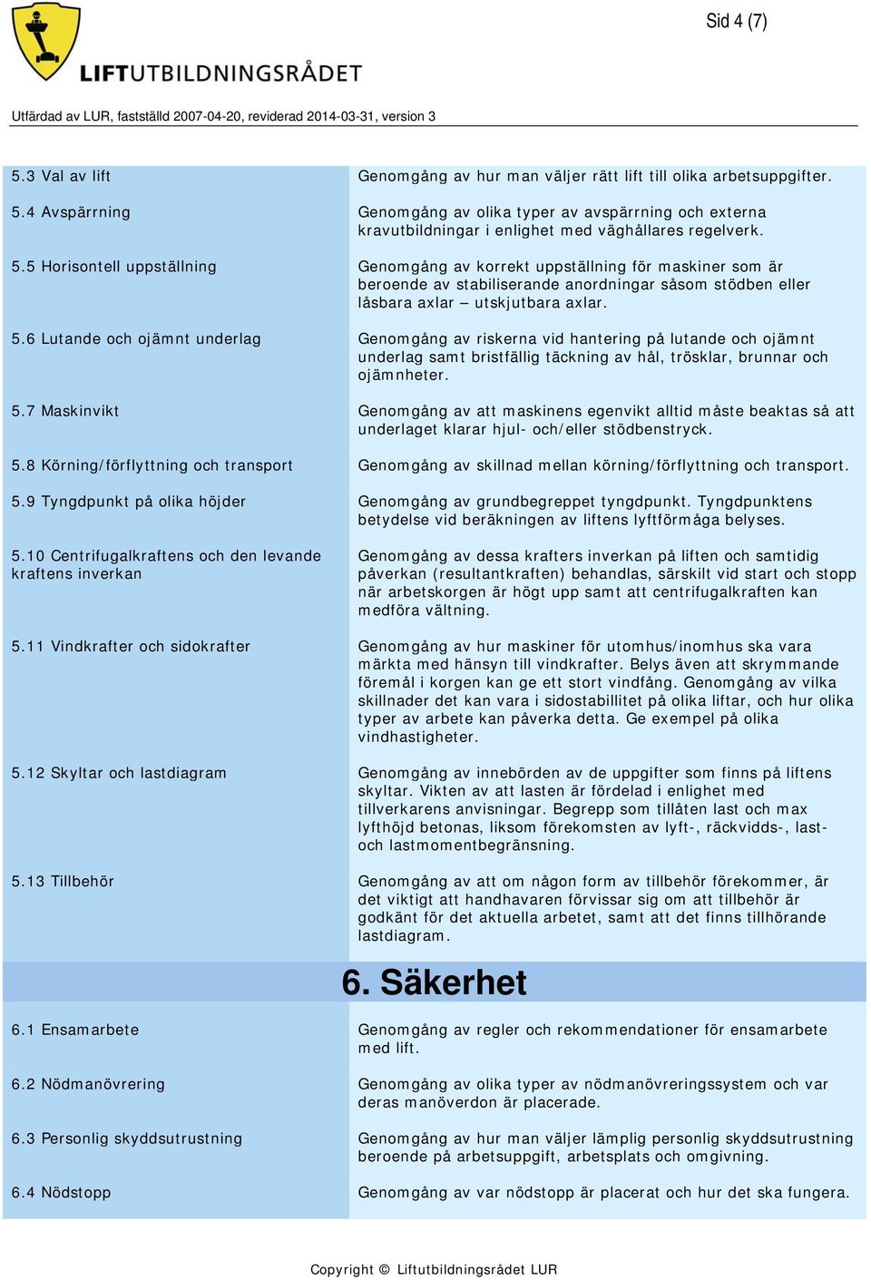 6 Lutande och ojämnt underlag Genomgång av riskerna vid hantering på lutande och ojämnt underlag samt bristfällig täckning av hål, trösklar, brunnar och ojämnheter. 5.