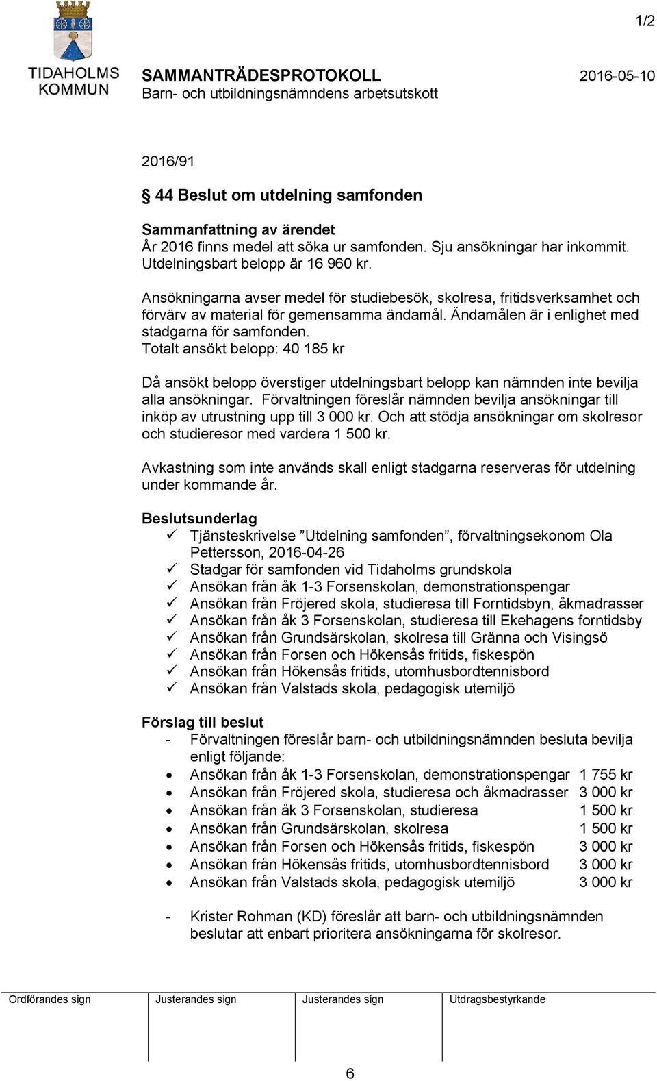 Ändamålen är i enlighet med stadgarna för samfonden. Totalt ansökt belopp: 40 185 kr Då ansökt belopp överstiger utdelningsbart belopp kan nämnden inte bevilja alla ansökningar.