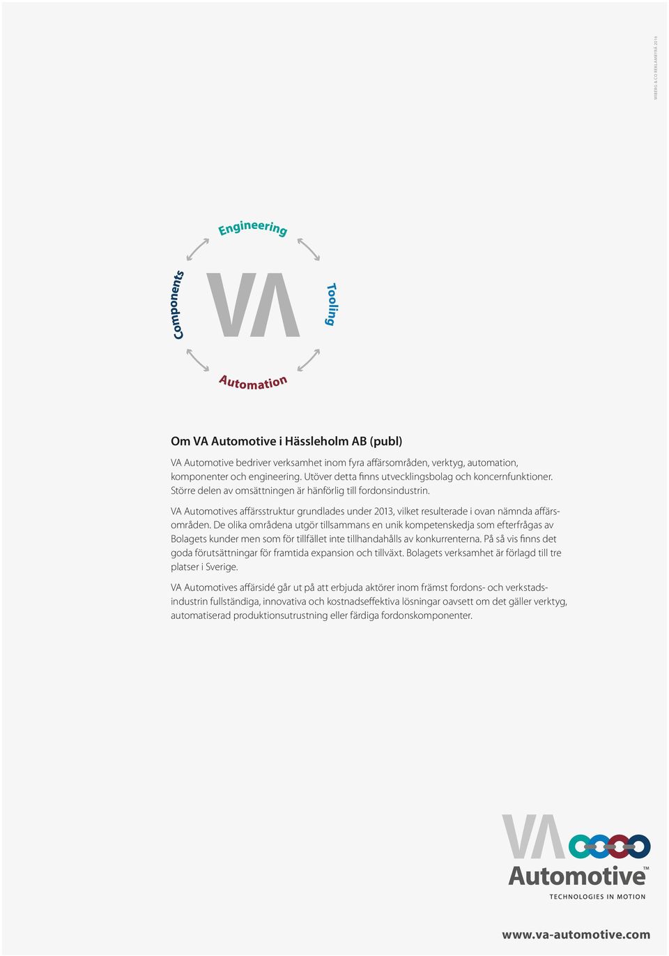 VA Automotives affärsstruktur grundlades under 2013, vilket resulterade i ovan nämnda affärsområden.