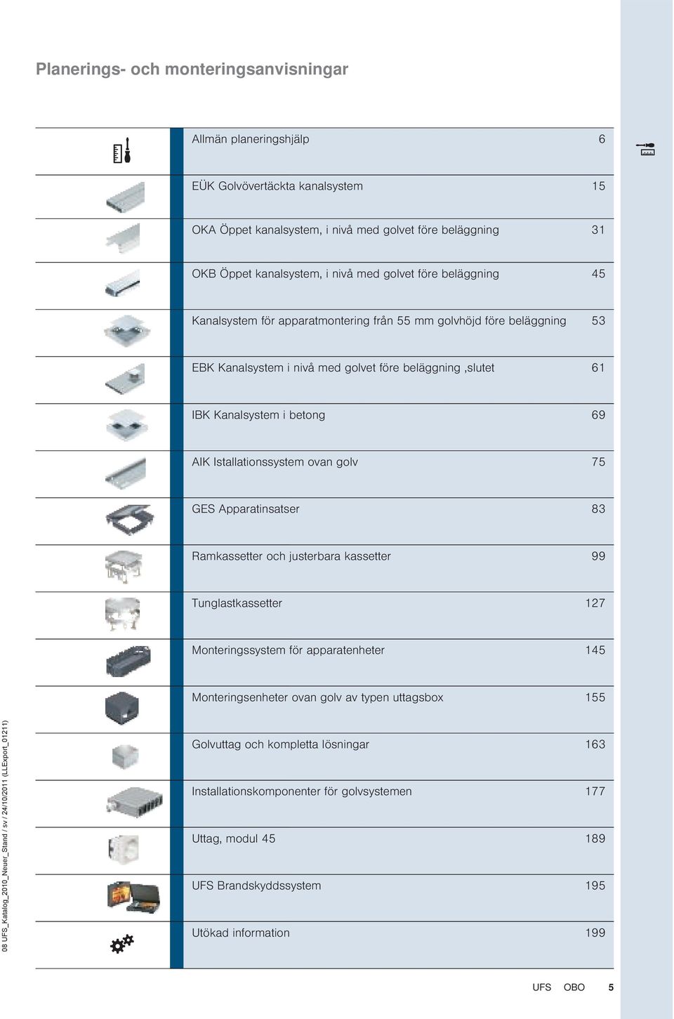 69 AIK Istallationssystem ovan golv 75 GES Apparatinsatser 83 Ramkassetter och justerbara kassetter 99 Tunglastkassetter 127 Monteringssystem för apparatenheter 145 Monteringsenheter