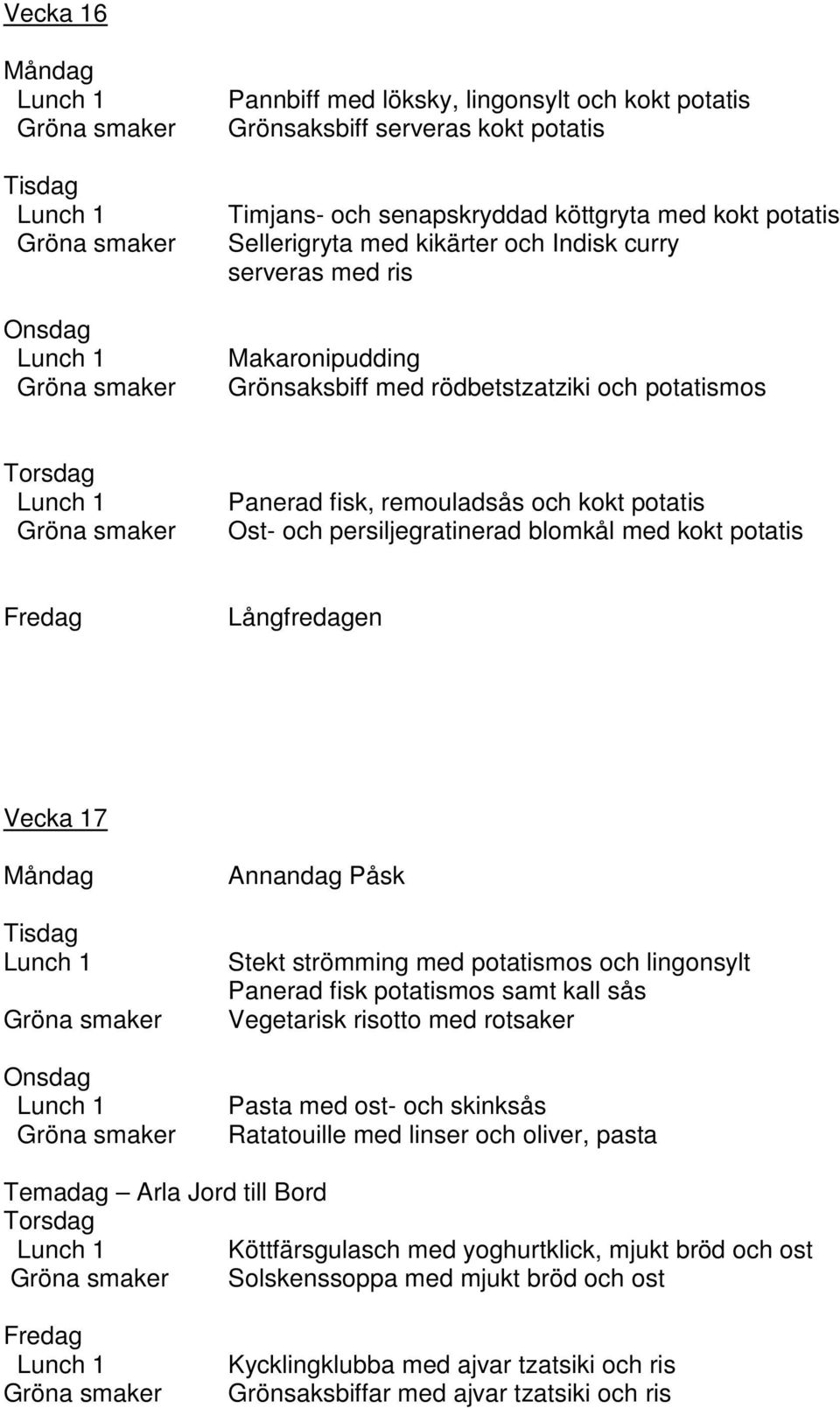 17 Annandag Påsk Stekt strömming med potatismos och lingonsylt Panerad fisk potatismos samt kall sås Vegetarisk risotto med rotsaker Pasta med ost- och skinksås Ratatouille med linser och oliver,