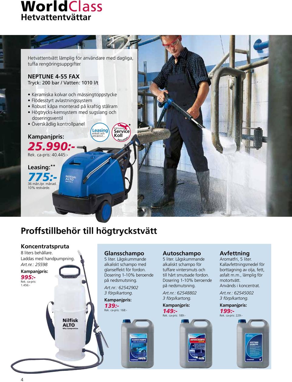 .. : 775:- Proffstillbehör till högtryckstvätt Koncentratspruta 8 liters behållare. Laddas med handpumpning. Art.nr.: 25598 995:- Rek. ca-pris: 1.456:- Glansschampo 5 liter.