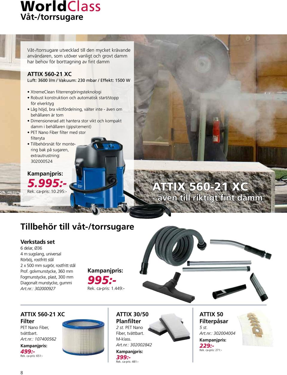 Dimensionerad att hantera stor vikt och kompakt damm i behållaren (gips/cement) PET Nano Fiber filter med stor filteryta Tillbehörsnät för montering bak på sugaren, extrautrustning: 302000524 5.