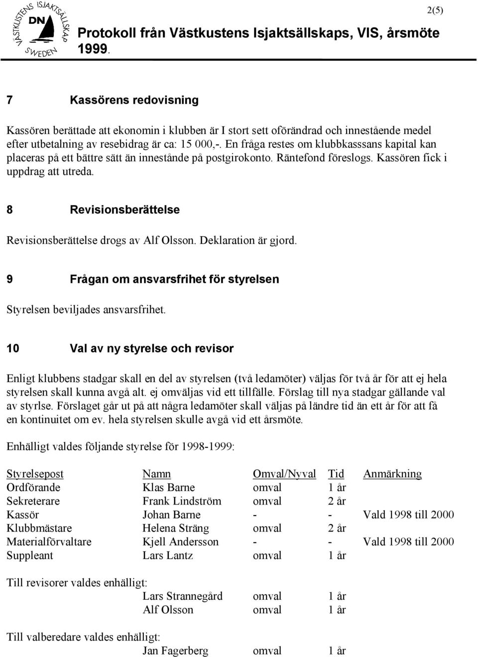 8 Revisionsberättelse Revisionsberättelse drogs av Alf Olsson. Deklaration är gjord. 9 Frågan om ansvarsfrihet för styrelsen Styrelsen beviljades ansvarsfrihet.