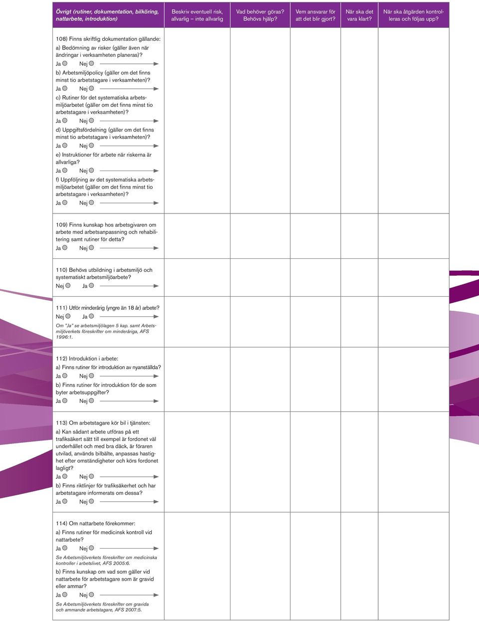 d) Uppgiftsfördelning (gäller om det finns minst tio arbetstagare i verksamheten)? e) Instruktioner för arbete när riskerna är allvarliga?