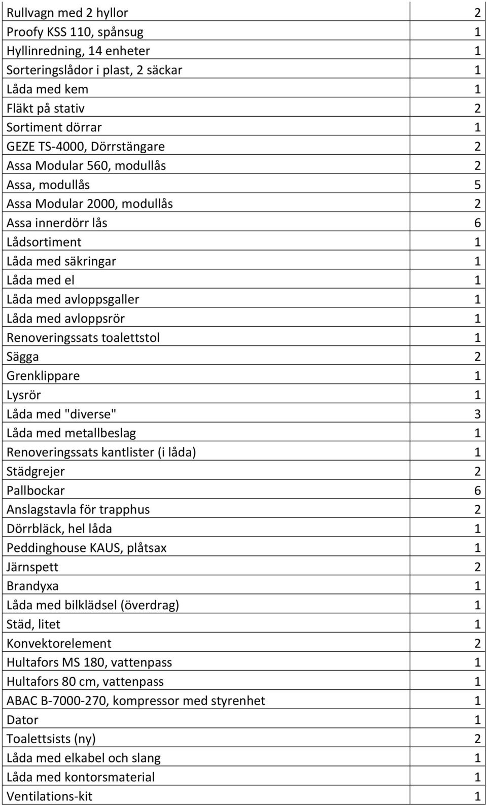 Renoveringssats toalettstol 1 Sägga 2 Grenklippare 1 Lysrör 1 Låda med "diverse" 3 Låda med metallbeslag 1 Renoveringssats kantlister (i låda) 1 Städgrejer 2 Pallbockar 6 Anslagstavla för trapphus 2