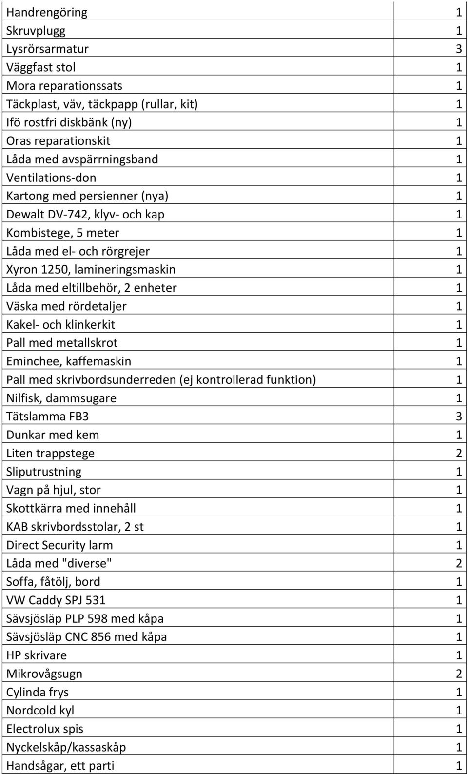 eltillbehör, 2 enheter 1 Väska med rördetaljer 1 Kakel- och klinkerkit 1 Pall med metallskrot 1 Eminchee, kaffemaskin 1 Pall med skrivbordsunderreden (ej kontrollerad funktion) 1 Nilfisk, dammsugare