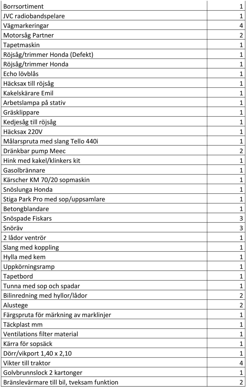sopmaskin 1 Snöslunga Honda 1 Stiga Park Pro med sop/uppsamlare 1 Betongblandare 1 Snöspade Fiskars 3 Snöräv 3 2 lådor ventrör 1 Slang med koppling 1 Hylla med kem 1 Uppkörningsramp 1 Tapetbord 1