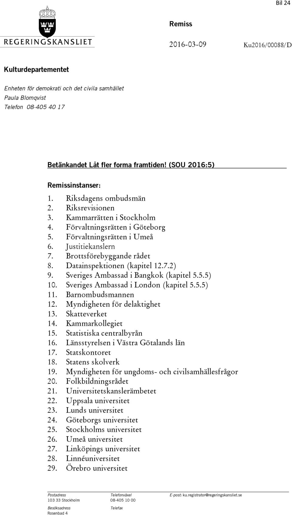 Brottsförebyggande rådet 8. Datainspektionen (kapitel 12.7.2) 9. Sveriges Ambassad i Bangkok (kapitel 5.5.5) 10. Sveriges Ambassad i London (kapitel 5.5.5) 11. Barnombudsmannen 12.