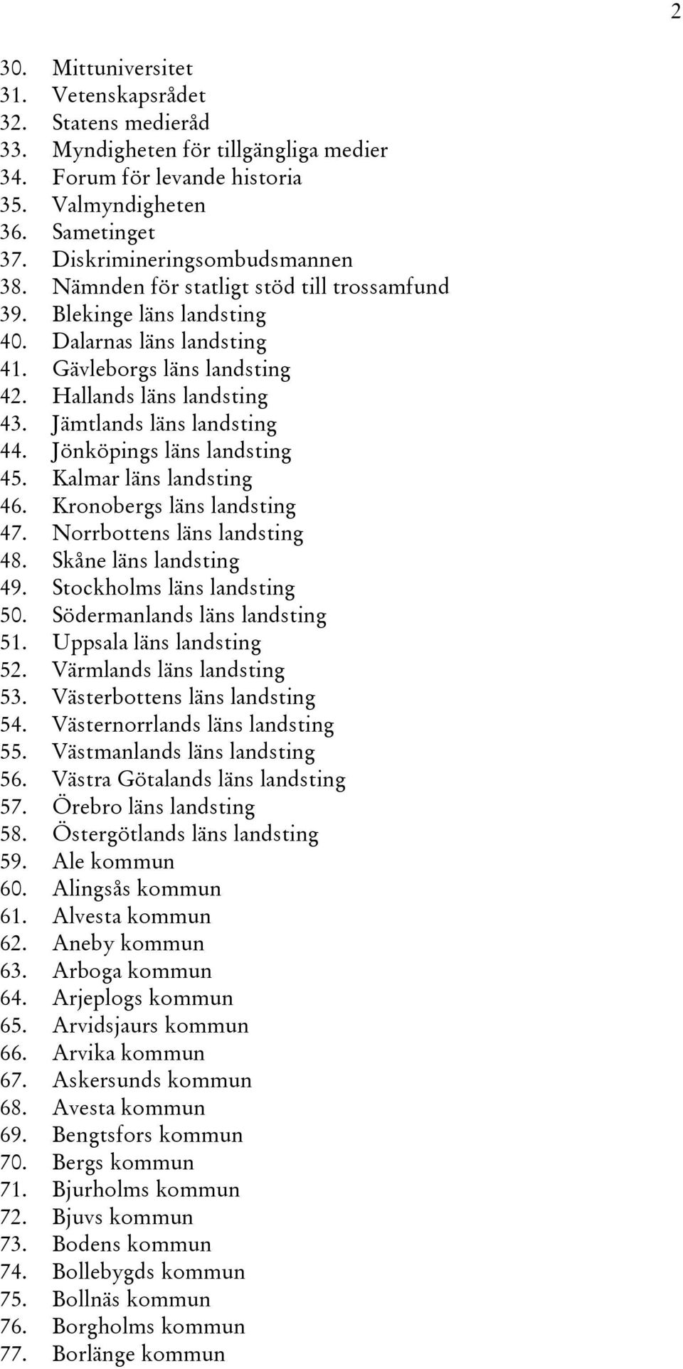 Jämtlands läns landsting 44. Jönköpings läns landsting 45. Kalmar läns landsting 46. Kronobergs läns landsting 47. Norrbottens läns landsting 48. Skåne läns landsting 49. Stockholms läns landsting 50.