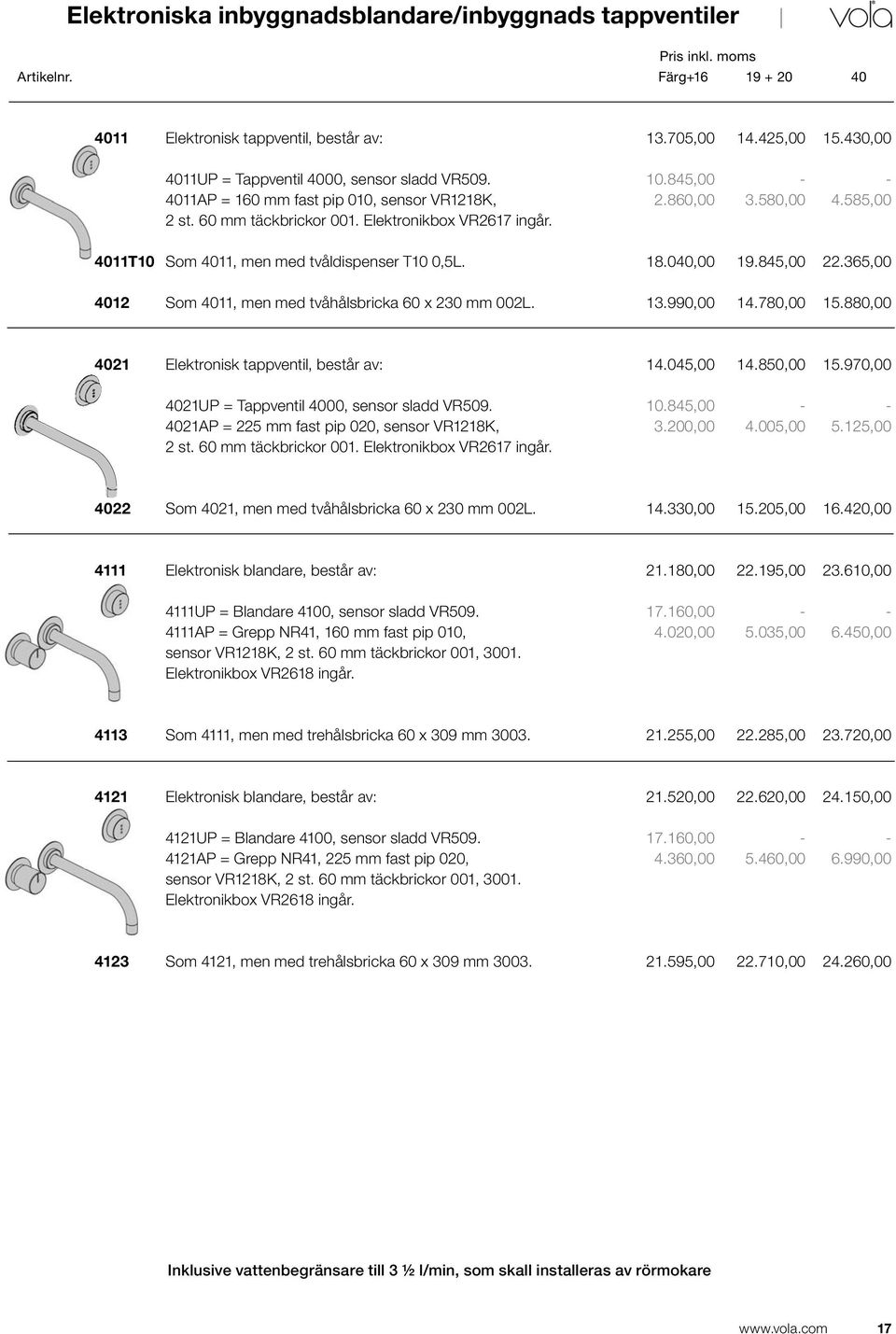 040,00 19.845,00 22.365,00 4012 Som 4011, men med tvåhålsbricka 60 x 230 mm 002L. 13.990,00 14.780,00 15.880,00 4021 Elektronisk tappventil, består av: 14.045,00 14.850,00 15.