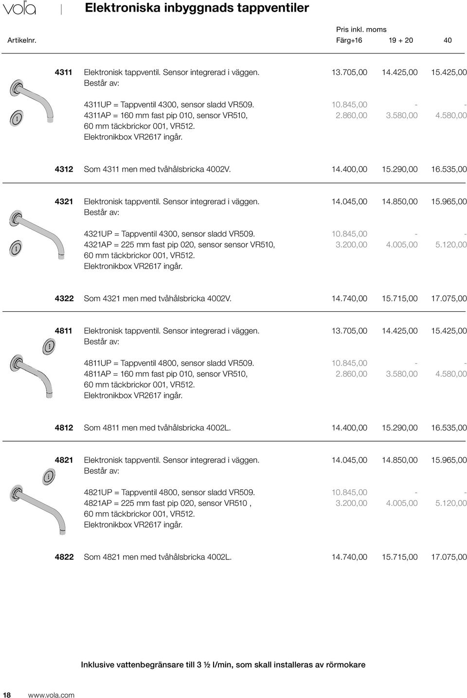 290,00 16.535,00 4321 Elektronisk tappventil. Sensor integrerad i väggen. Består av: 14.045,00 14.850,00 15.965,00 4321UP = Tappventil 4300, sensor sladd VR509.