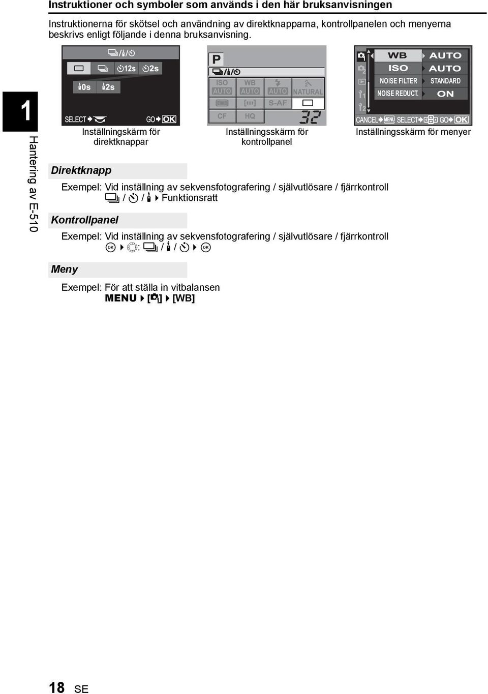 STANDARD 1Hantering av E-510 Direktknapp Inställningskärm för direktknappar Exempel: Vid inställning av sekvensfotografering / självutlösare / fjärrkontroll j / Y