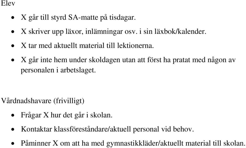 X går inte hem under skoldagen utan att först ha pratat med någon av personalen i arbetslaget.