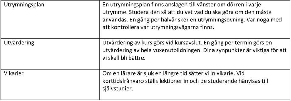 Var noga med att kontrollera var utrymningsvägarna finns. Utvärdering av kurs görs vid kursavslut.