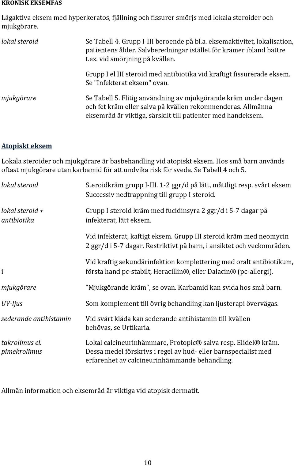 mjukgörare Se Tabell 5. Flitig användning av mjukgörande kräm under dagen och fet kräm eller salva på kvällen rekommenderas. Allmänna eksemråd är viktiga, särskilt till patienter med handeksem.