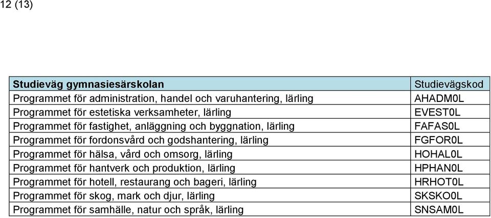 omsorg, lärling Programmet för hantverk och produktion, lärling Programmet för hotell, restaurang och bageri, lärling Programmet för skog, mark och