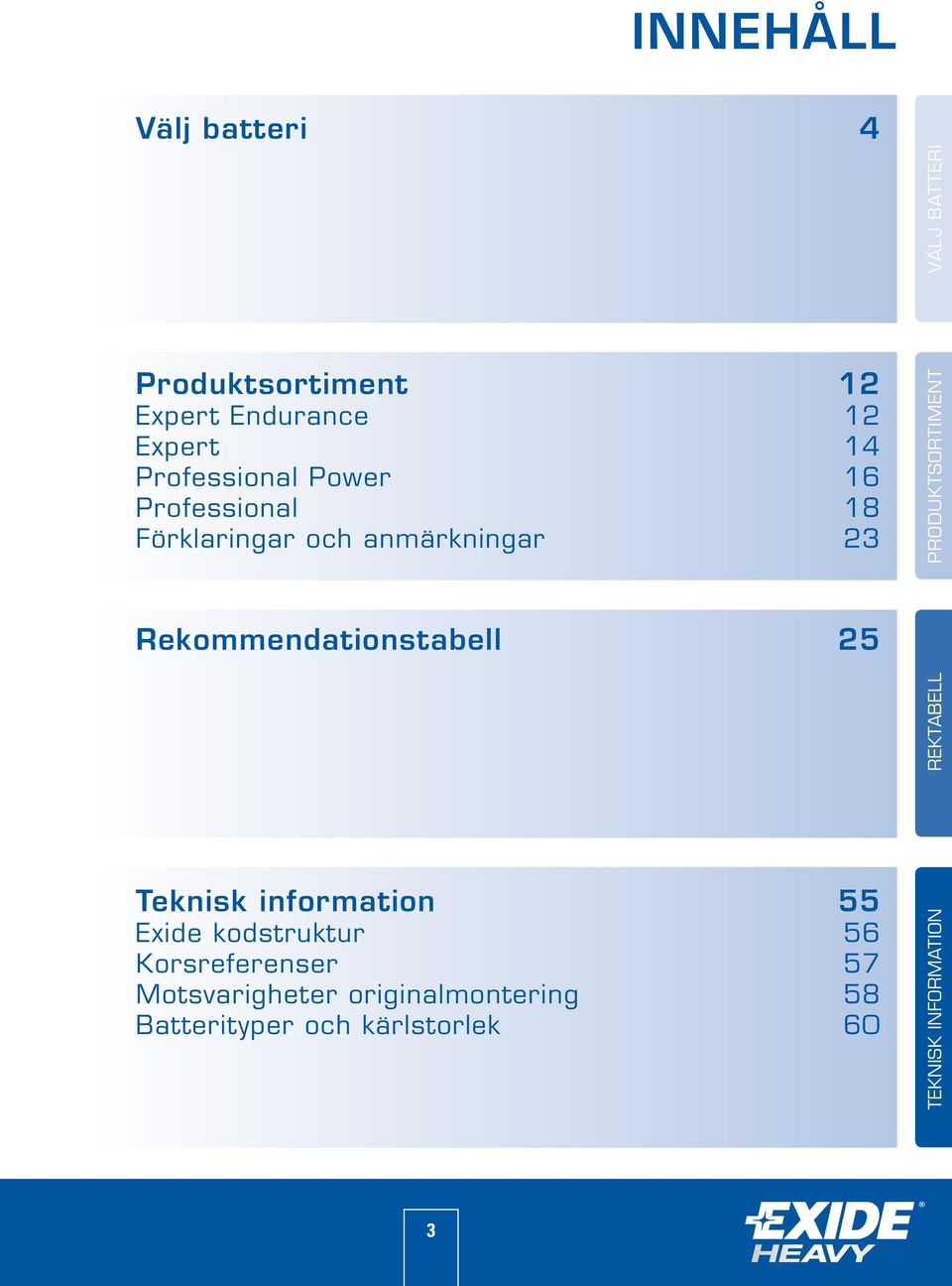 REKTABELL VÄLJ BATTERI ProduktSORTIMENT Teknisk information 55 Exide kodstruktur 56