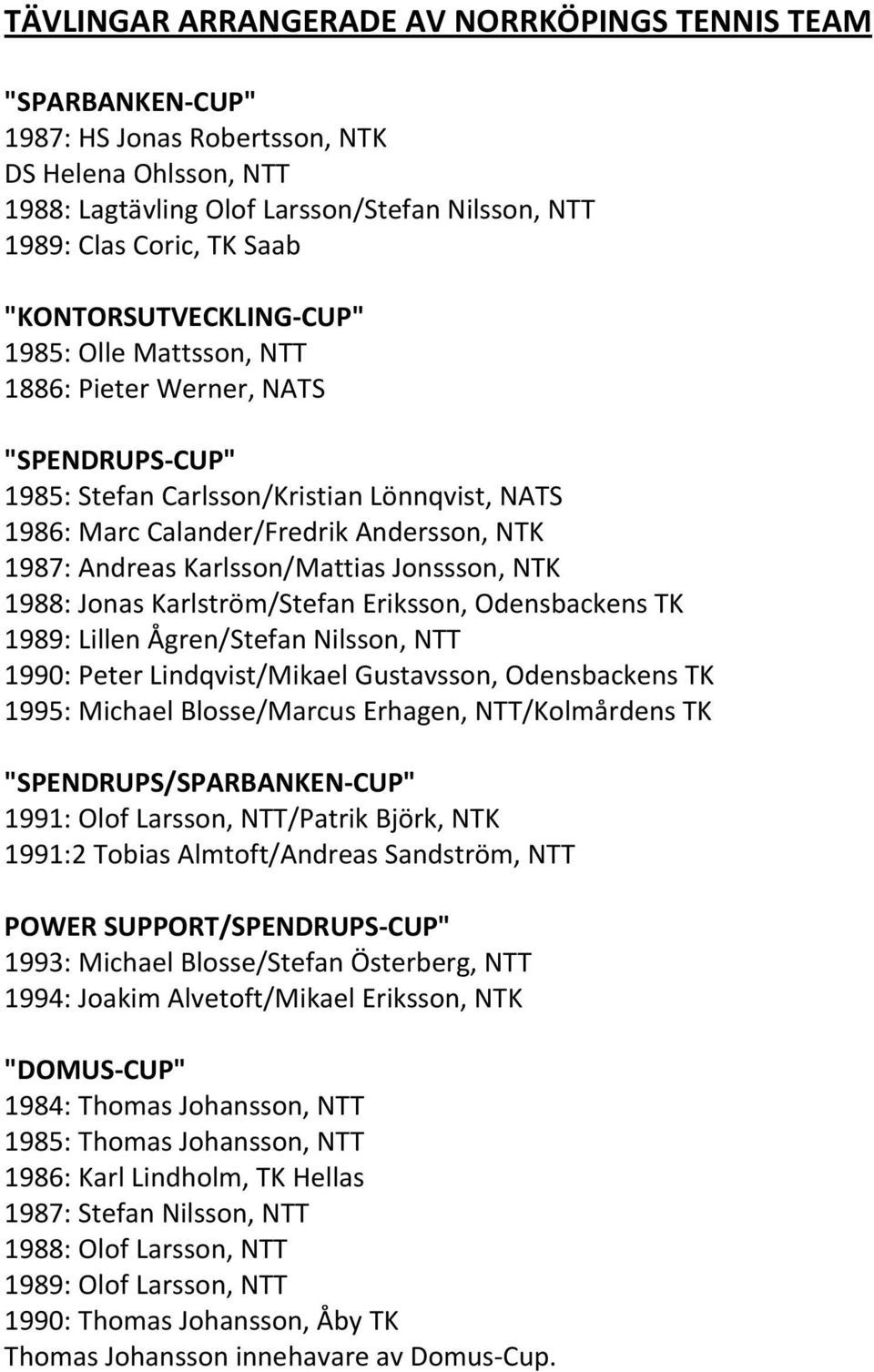 Karlsson/Mattias Jonssson, NTK 1988: Jonas Karlström/Stefan Eriksson, Odensbackens TK 1989: Lillen Ågren/Stefan Nilsson, NTT 1990: Peter Lindqvist/Mikael Gustavsson, Odensbackens TK 1995: Michael
