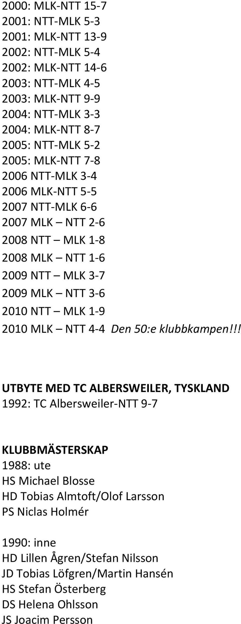 NTT 3 6 2010 NTT MLK 1 9 2010 MLK NTT 4 4 Den 50:e klubbkampen!