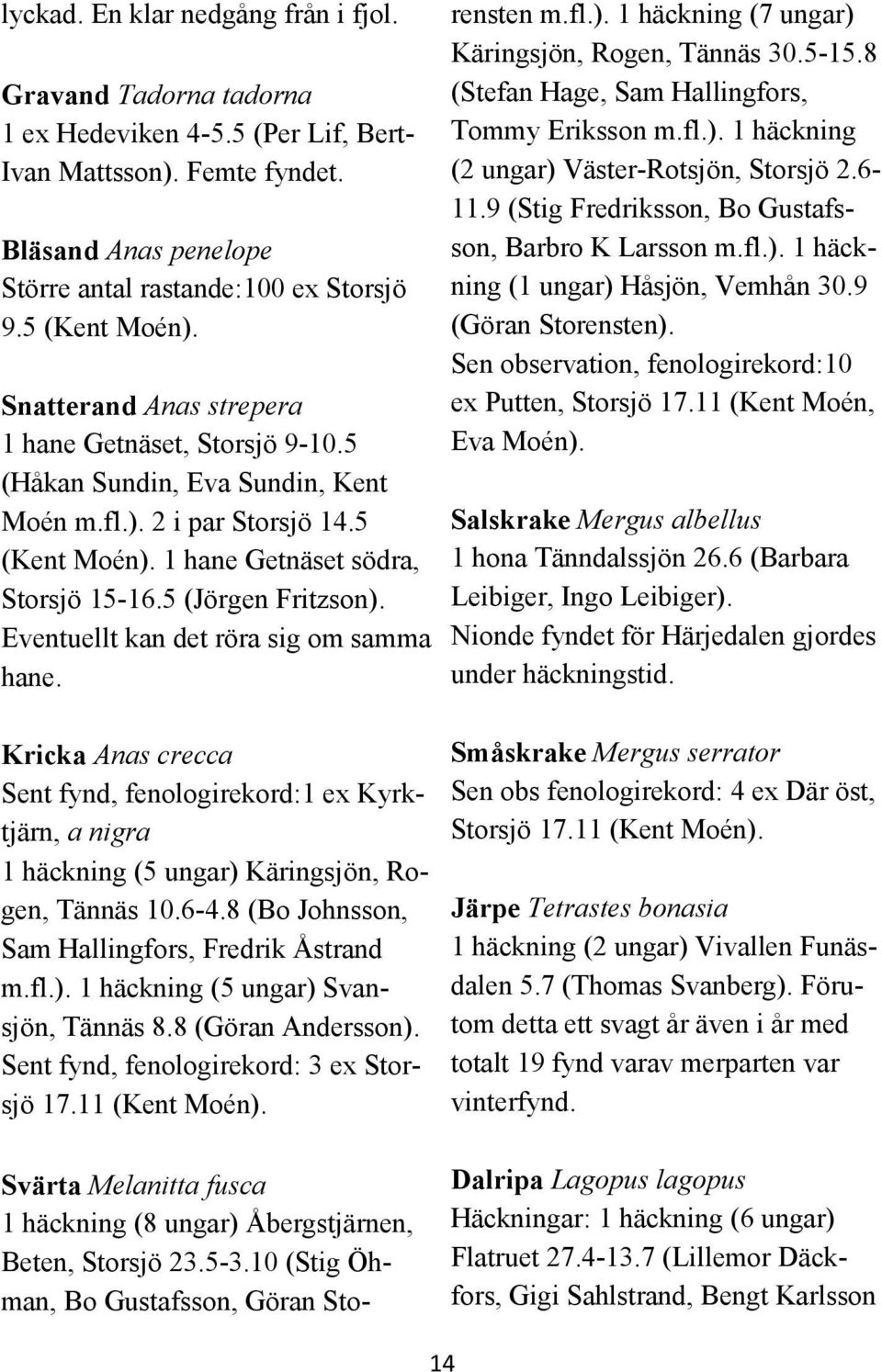 5 (Jörgen Fritzson). Eventuellt kan det röra sig om samma hane. Svärta Melanitta fusca 1 häckning (8 ungar) Åbergstjärnen, Beten, Storsjö 23.5-3.10 (Stig Öhman, Bo Gustafsson, Göran Storensten m.fl.). 1 häckning (7 ungar) Käringsjön, Rogen, Tännäs 30.