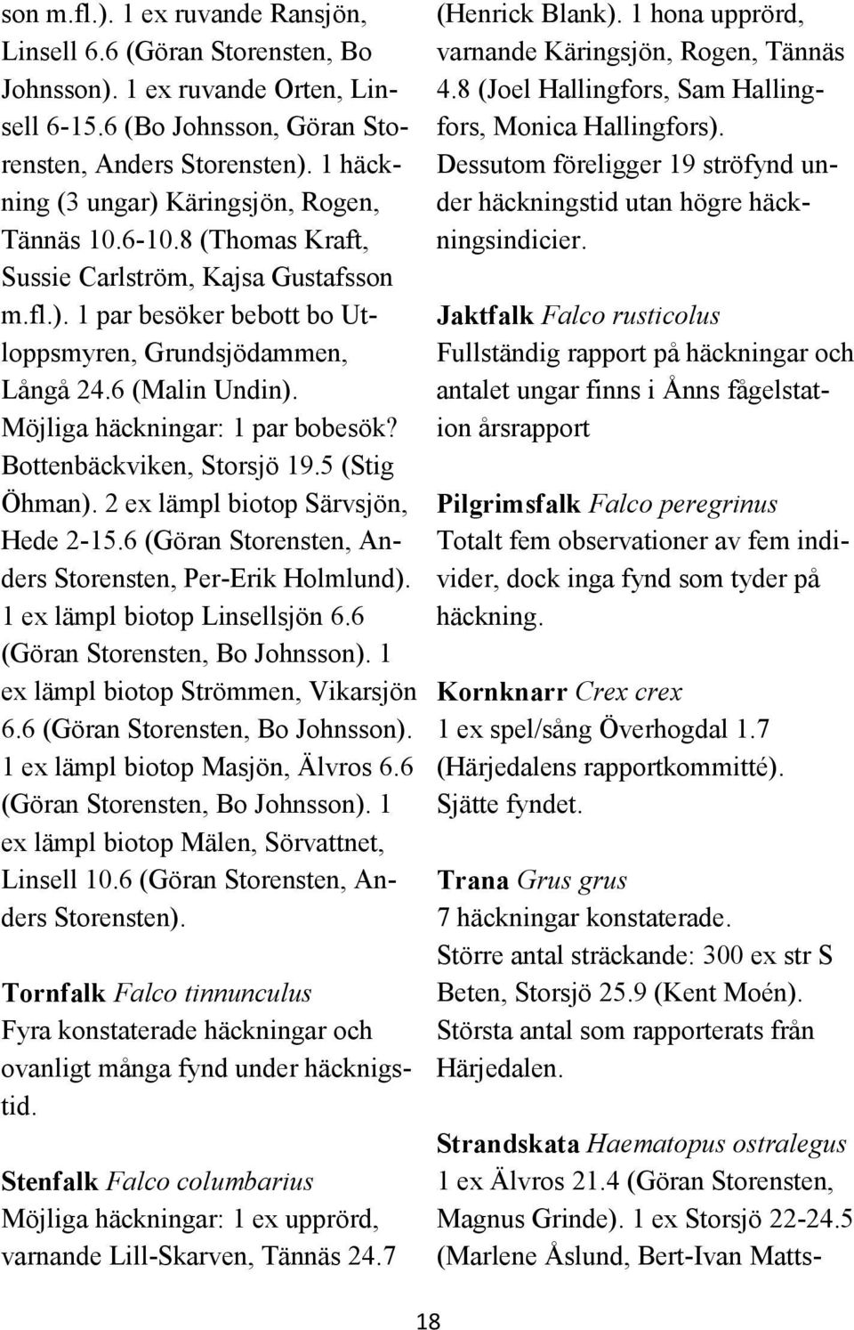 Möjliga häckningar: 1 par bobesök? Bottenbäckviken, Storsjö 19.5 (Stig Öhman). 2 ex lämpl biotop Särvsjön, Hede 2-15.6 (Göran Storensten, Anders Storensten, Per-Erik Holmlund).