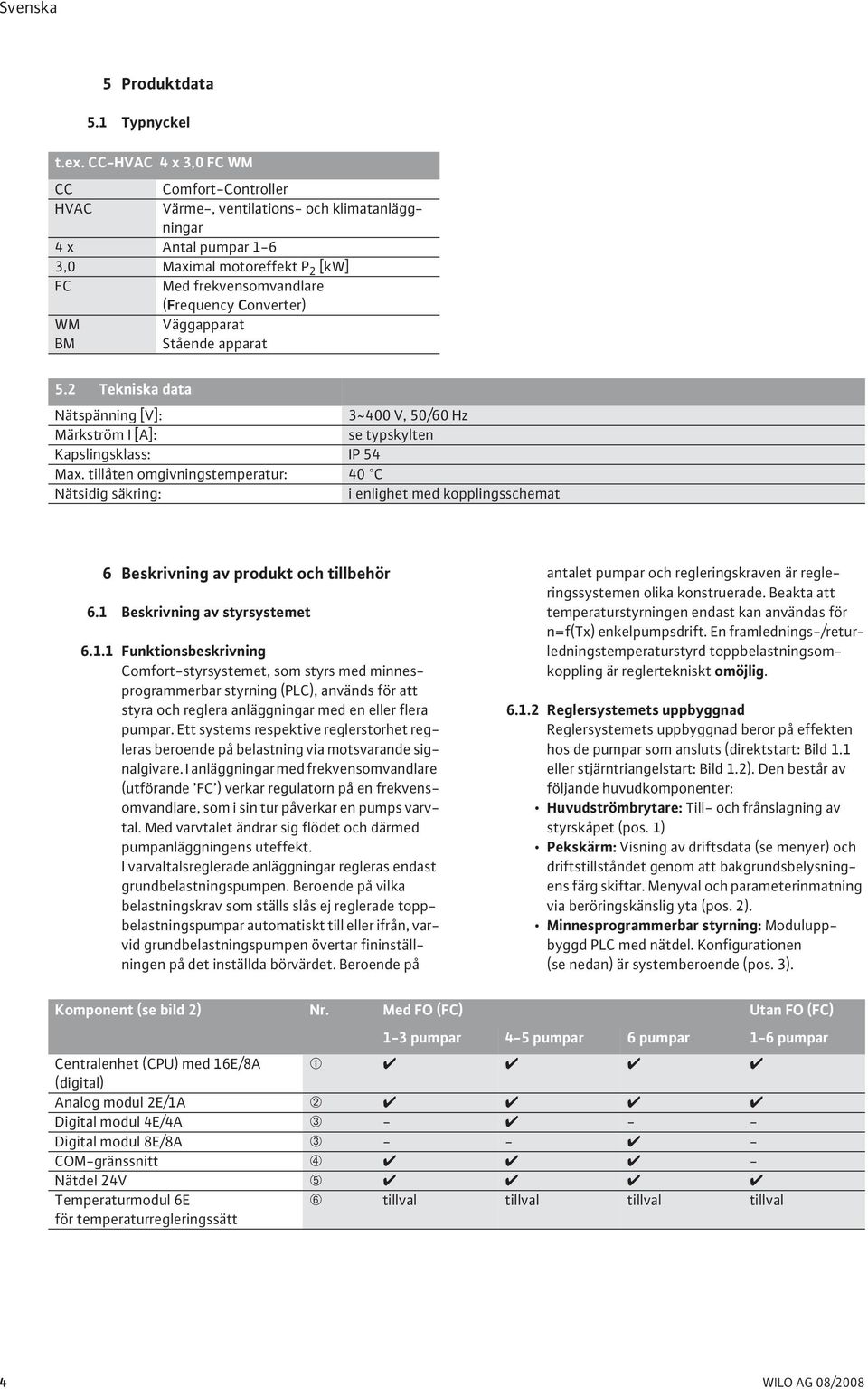 Väggapparat BM Stående apparat 5.2 Tekniska data Nätspänning [V]: 3~400 V, 50/60 Hz Märkström I [A]: se typskylten Kapslingsklass: IP 54 Max.