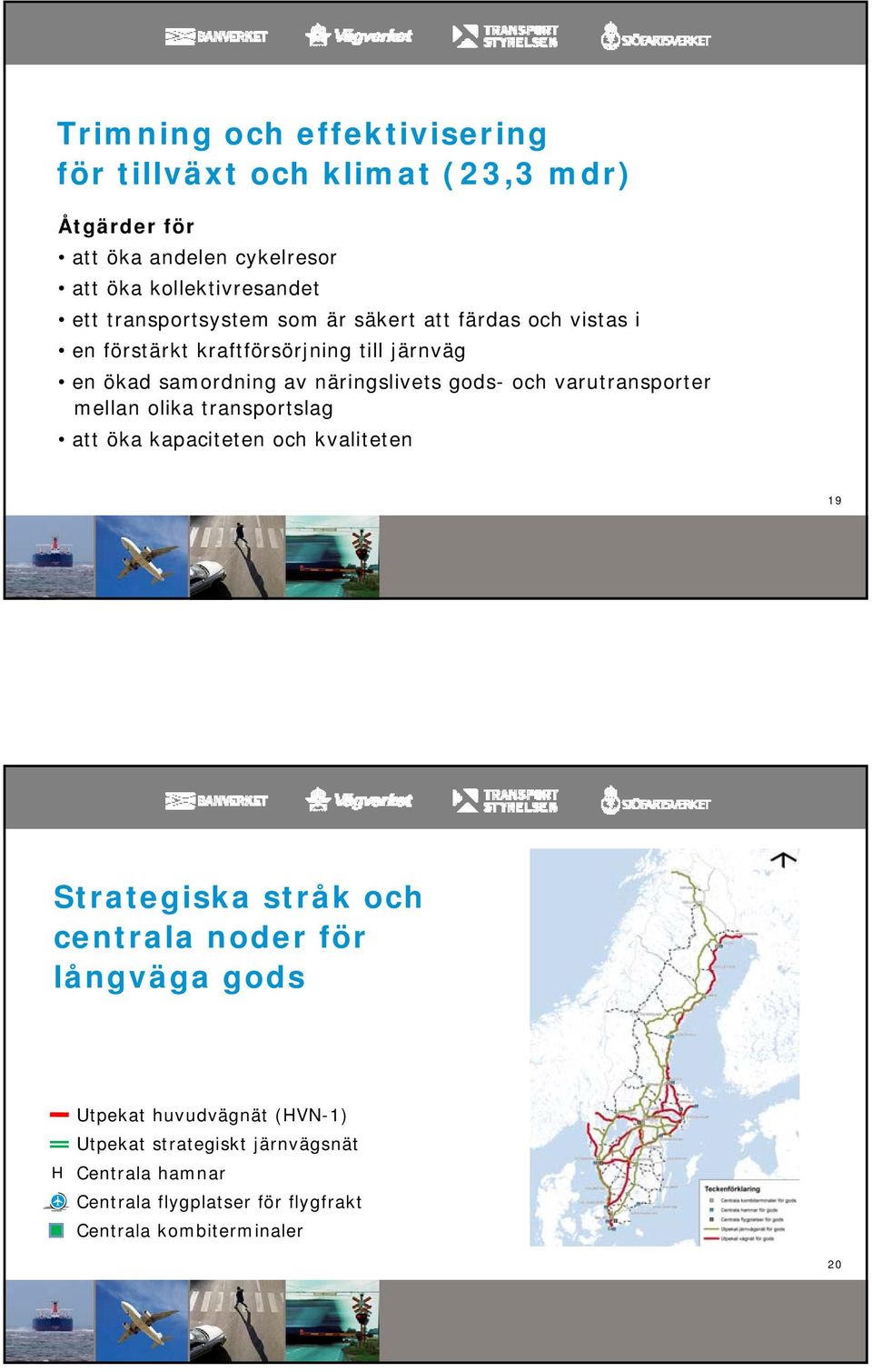 och varutransporter mellan olika transportslag att öka kapaciteten och kvaliteten 19 Strategiska stråk och centrala noder för långväga
