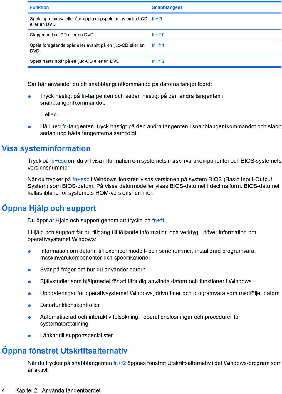 Snabbtangent fn+f9 fn+f10 fn+f11 fn+f12 Sår här använder du ett snabbtangentkommando på datorns tangentbord: Tryck hastigt på fn-tangenten och sedan hastigt på den andra tangenten i