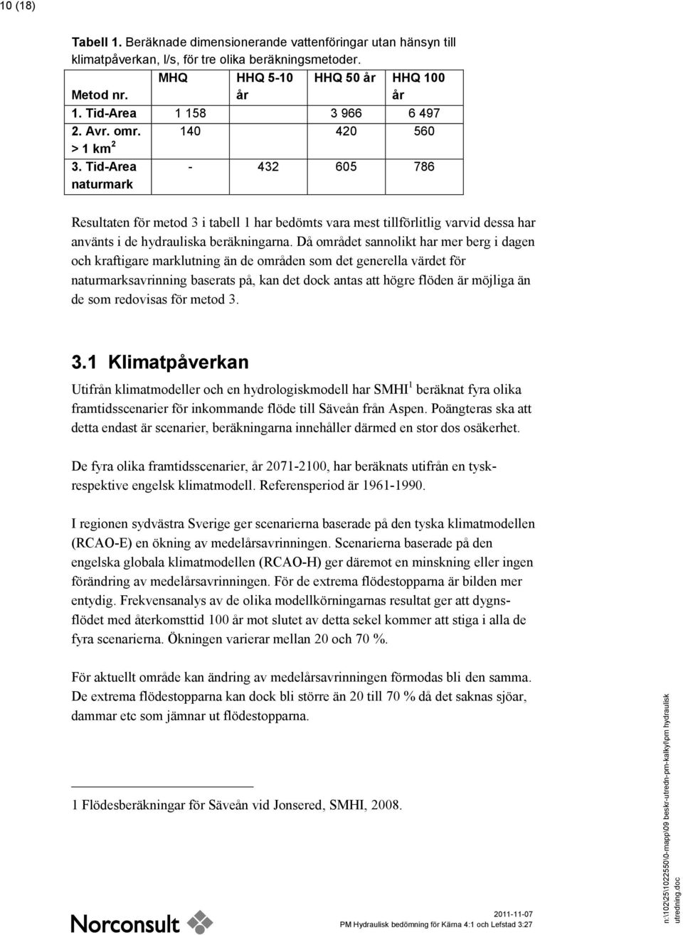 Tid-Area naturmark - 432 605 786 Resultaten för metod 3 i tabell 1 har bedömts vara mest tillförlitlig varvid dessa har använts i de hydrauliska beräkningarna.