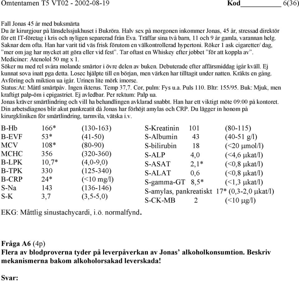 Han har varit tid väs frisk förutom en välkontrollerad hypertoni. Röker 1 ask cigaretter/ dag, mer om jag har mycket att göra eller vid fest. Tar oftast en Whiskey efter jobbet för att koppla av.
