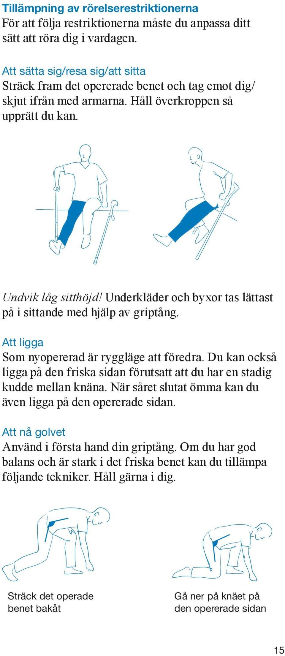 Underkläder och byxor tas lättast på i sittande med hjälp av griptång. Att ligga Som nyopererad är ryggläge att föredra.