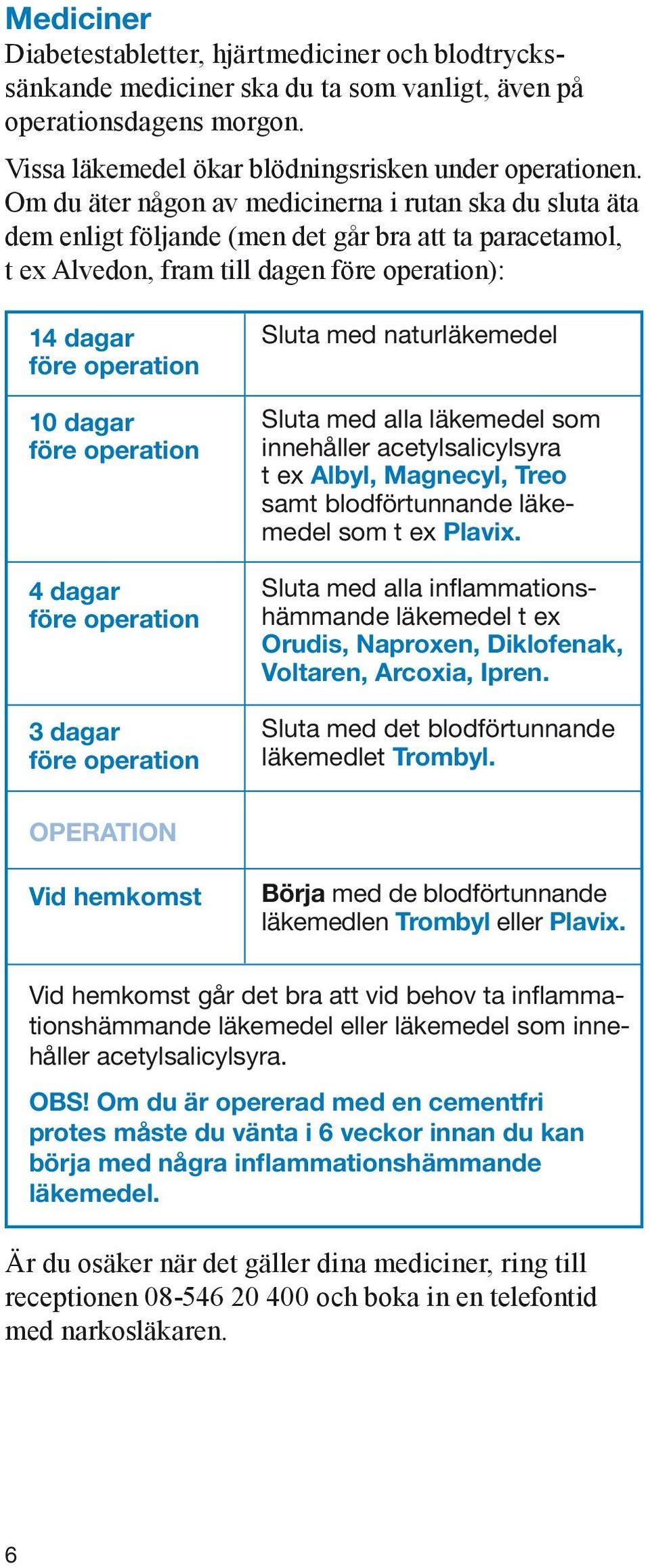 operation 4 dagar före operation 3 dagar före operation Sluta med naturläkemedel Sluta med alla läkemedel som innehåller acetylsalicylsyra t ex Albyl, Magnecyl, Treo samt blodförtunnande läkemedel