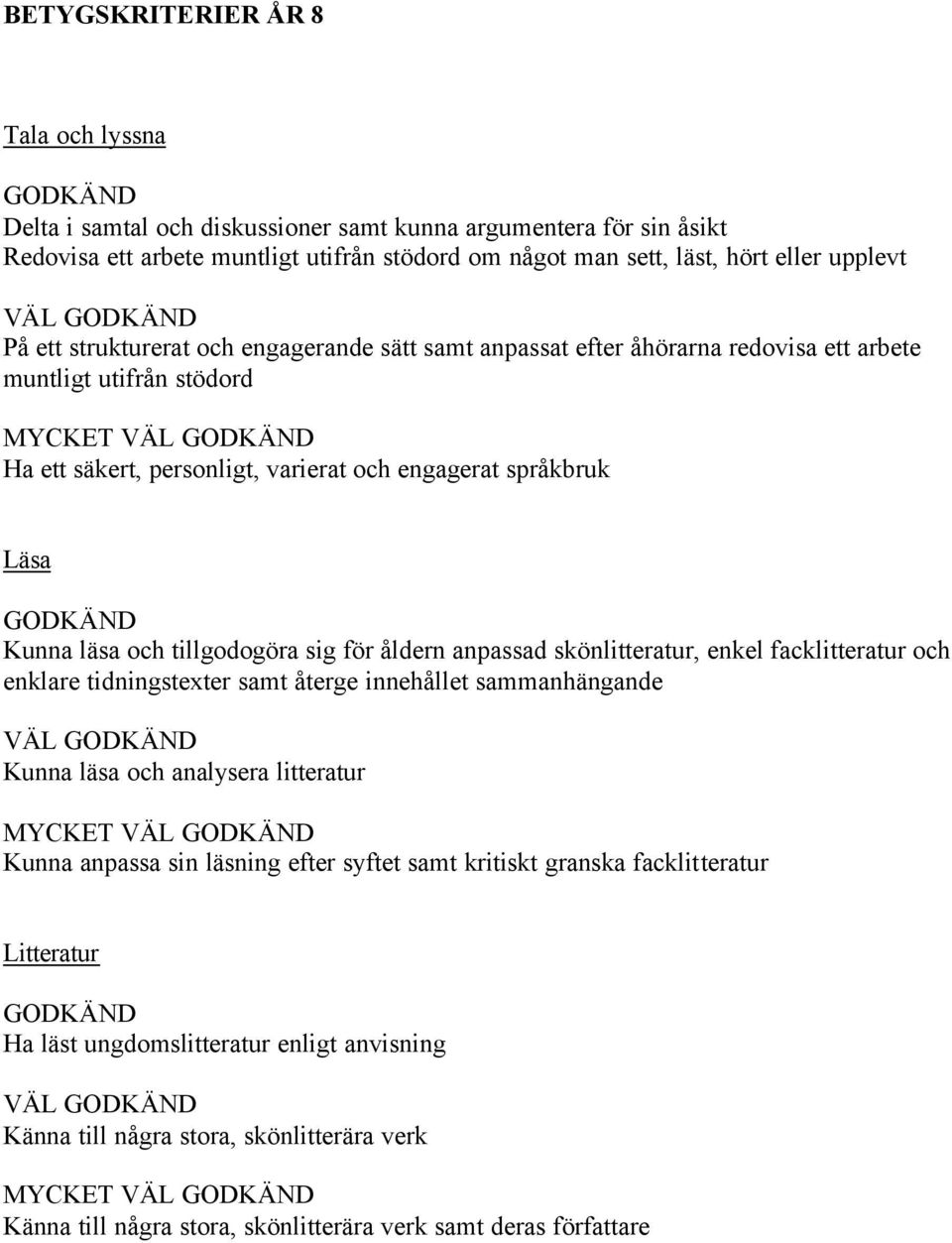 tillgodogöra sig för åldern anpassad skönlitteratur, enkel facklitteratur och enklare tidningstexter samt återge innehållet sammanhängande VÄL Kunna läsa och analysera litteratur MYCKET VÄL Kunna