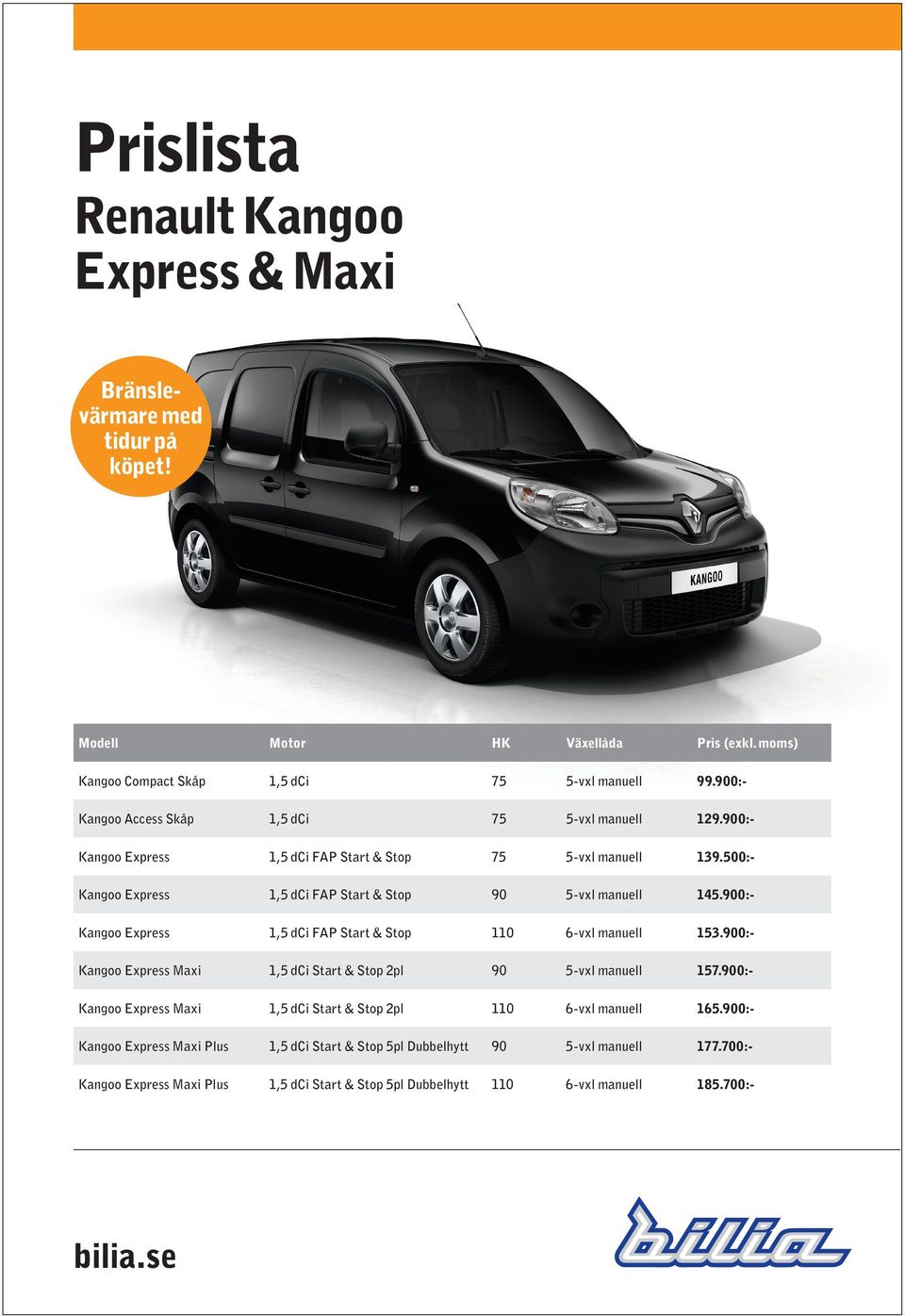 900:- Kangoo 1,5 dci FAP Start & Stop 75 5-vxl manuell 139.500:- Kangoo 1,5 dci FAP Start & Stop 90 5-vxl manuell 145.