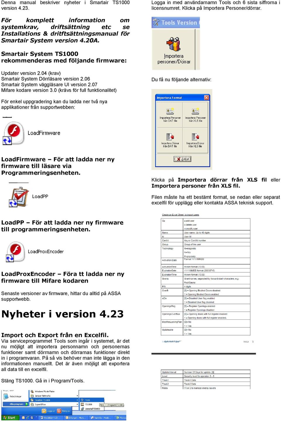 Smartair System TS1000 rekommenderas med följande firmware: Updater version 2.04 (krav) Smartair System Dörrläsare version 2.06 Smartair System väggläsare UI version 2.07 Mifare kodare version 3.